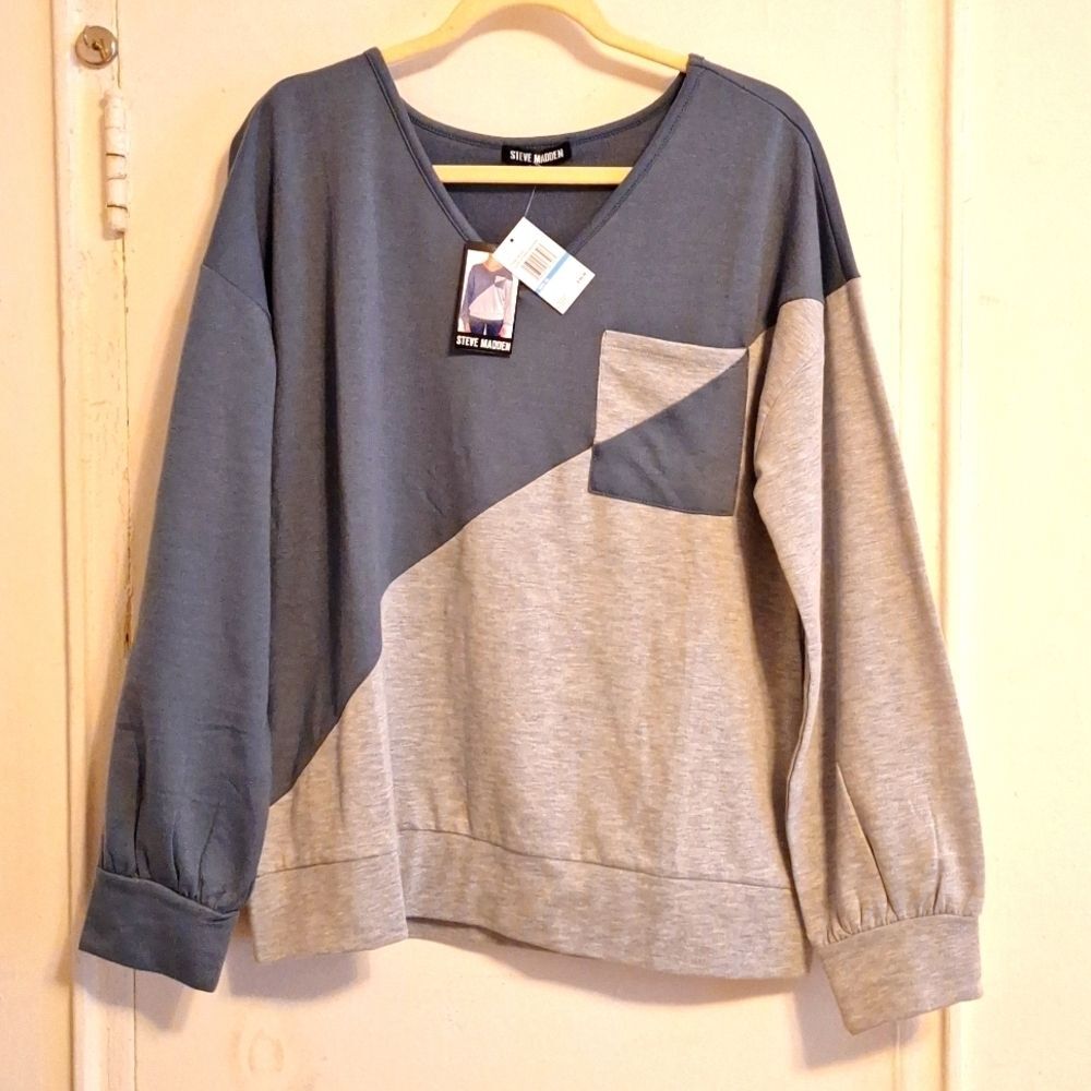 Blue gray Color block V-Neck Sweatshirt abstract breast pocket
